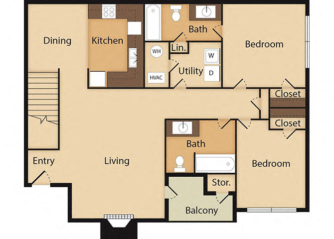 Floor plan for 2 beds, 2 baths, 1085 sqft